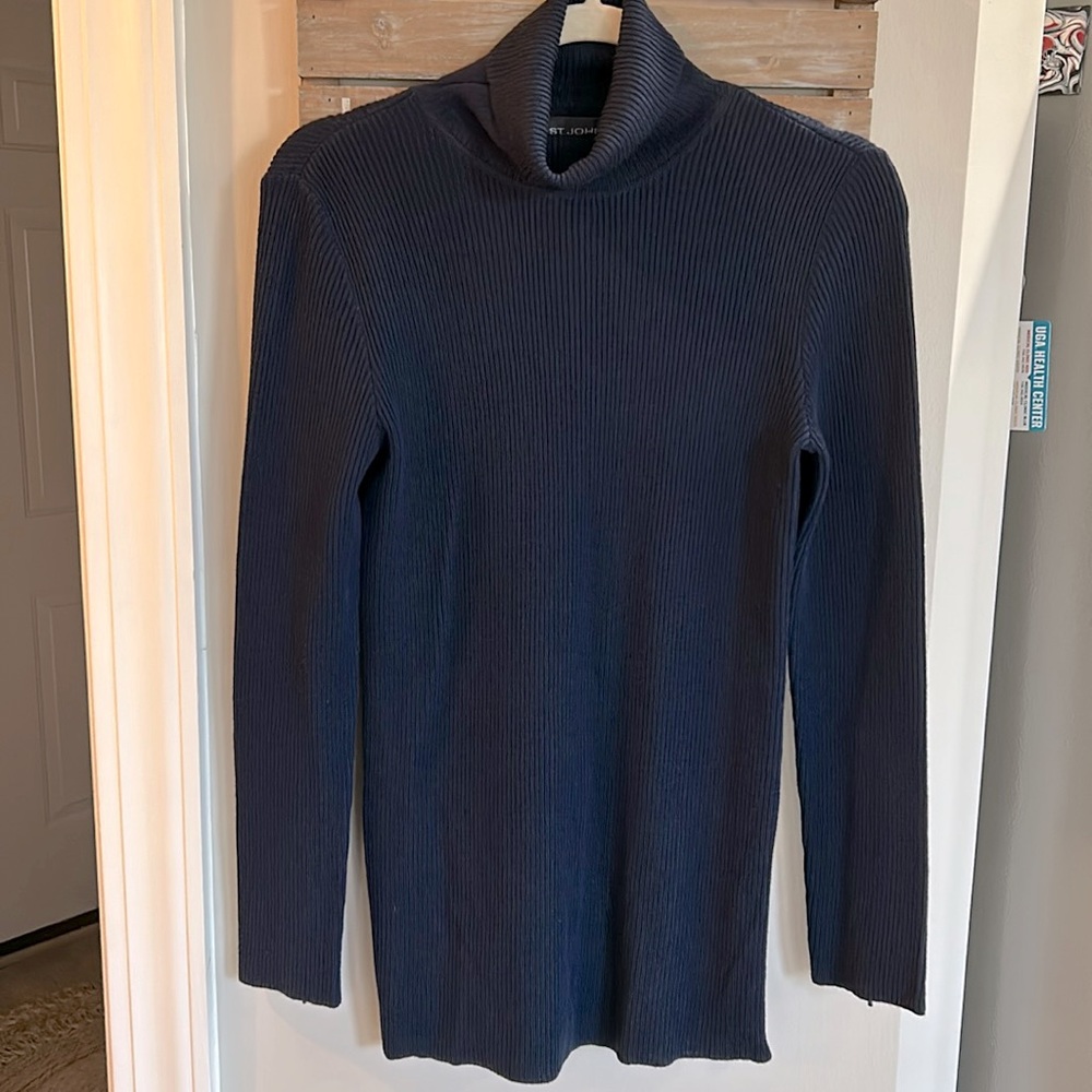 ST. JOHN navy ribbed turtleneck sweater wool sz small w sleeve and side zippers
